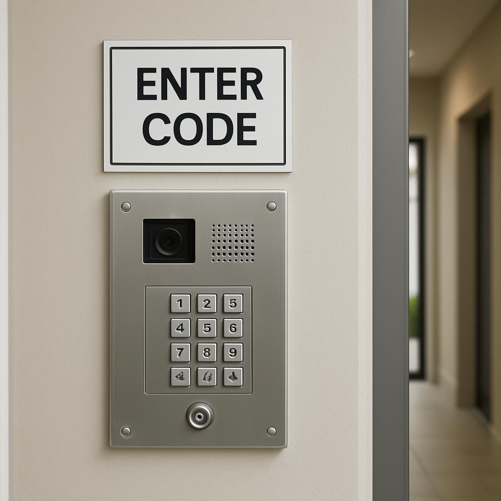 Secured entrance interacting with text reader. secured entrance at an office building or dwelling interactive with elderly...