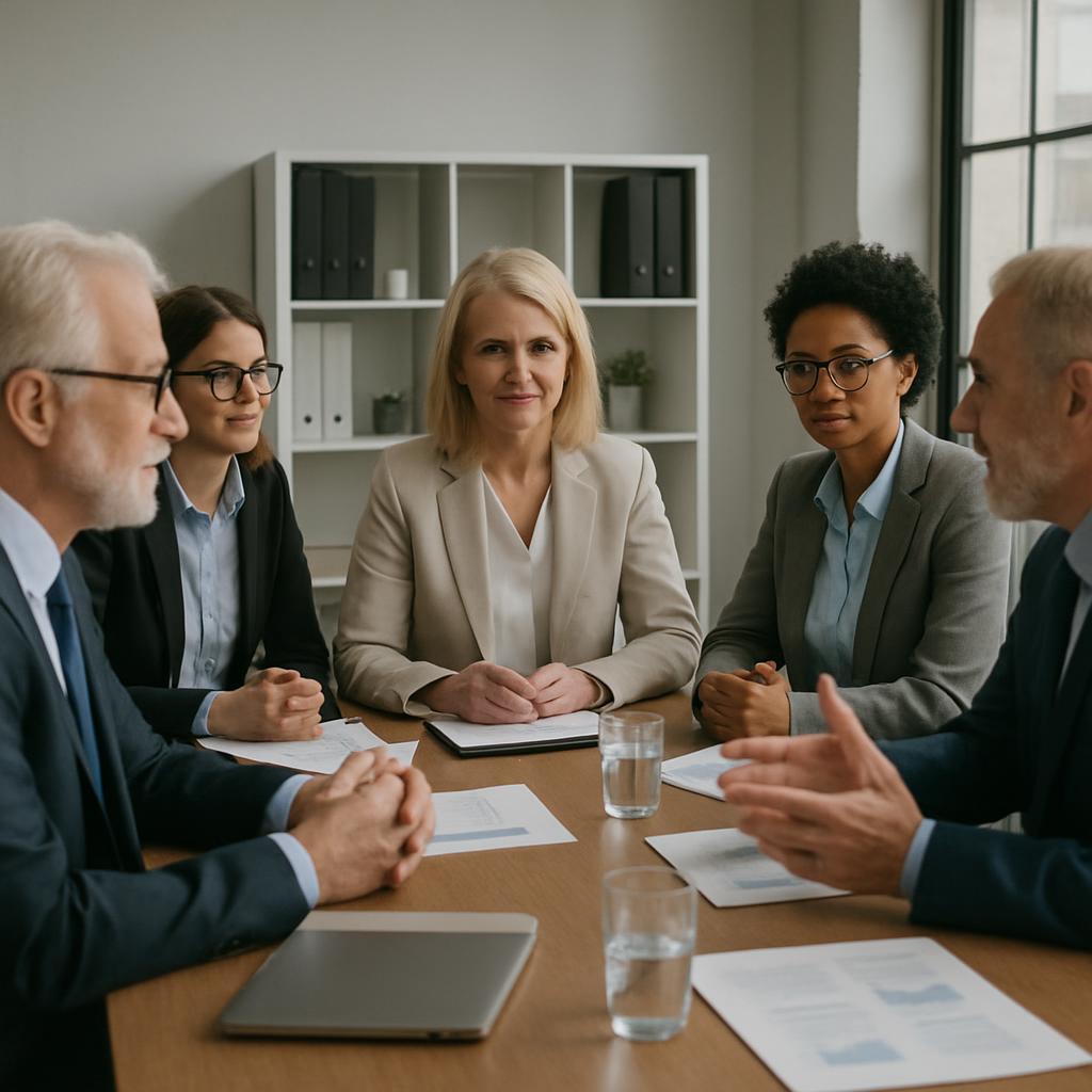 The image shows a meeting of five business professionals in a light office room with book case behind them People and obje...